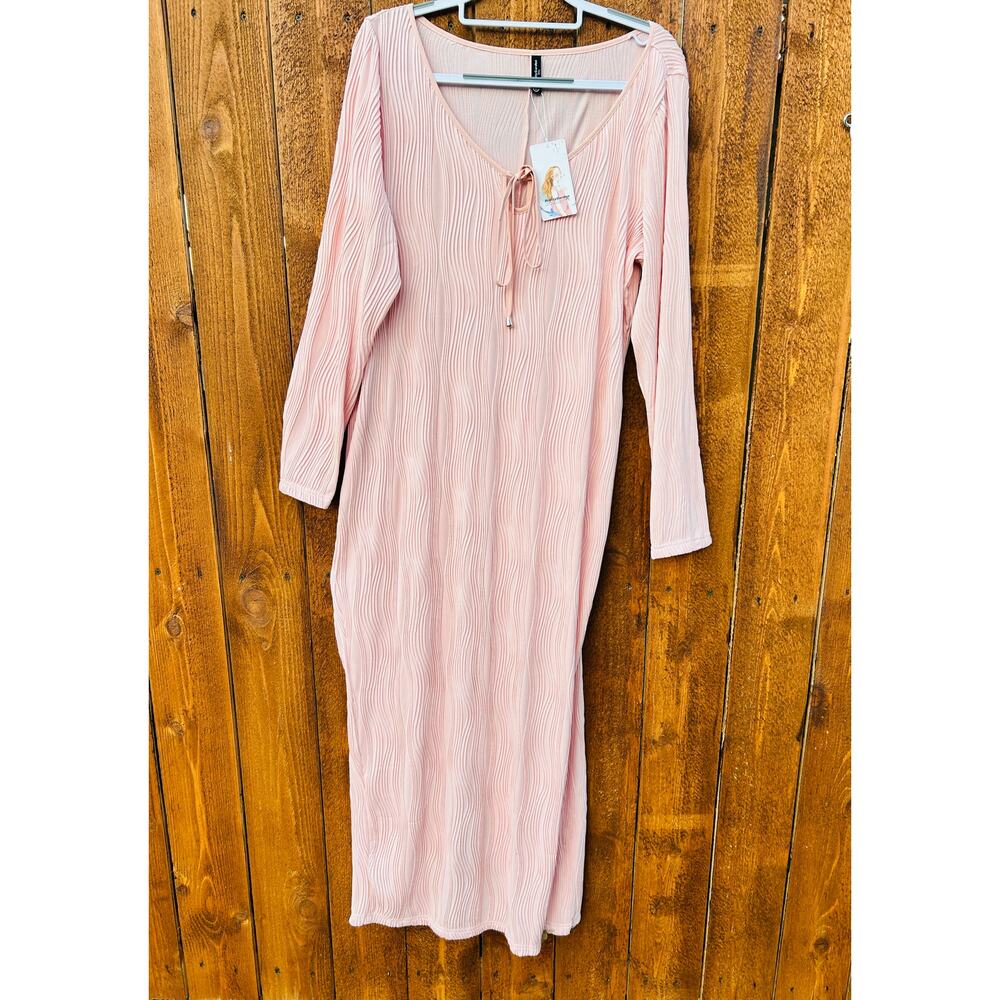 NWT PRETTYGARDEN Pink Textured Plisse Long Sleeve Maxi Dress Size XXL